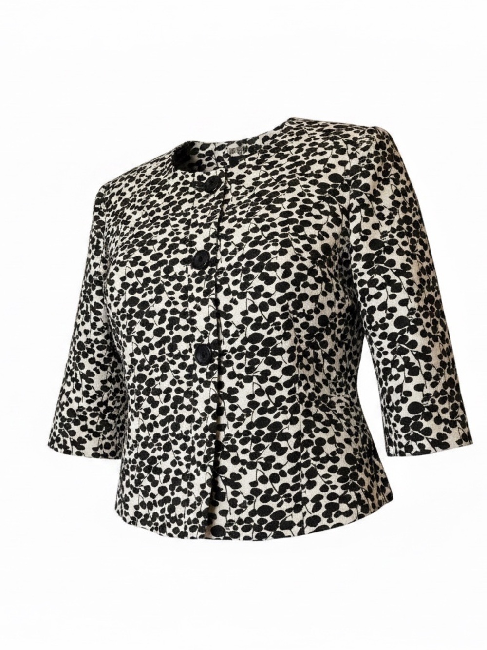 Black and White Patterned Round-Neck Button Jacket